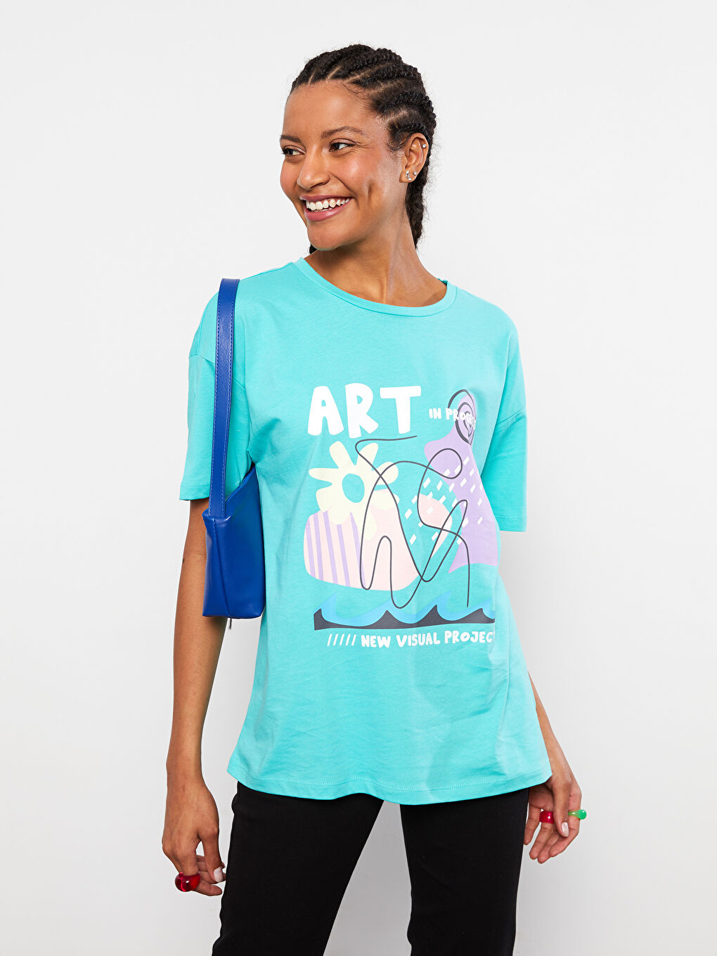 تيشيرت قطن كم قصير مطبوع بياقة دائرية للسيدات-1