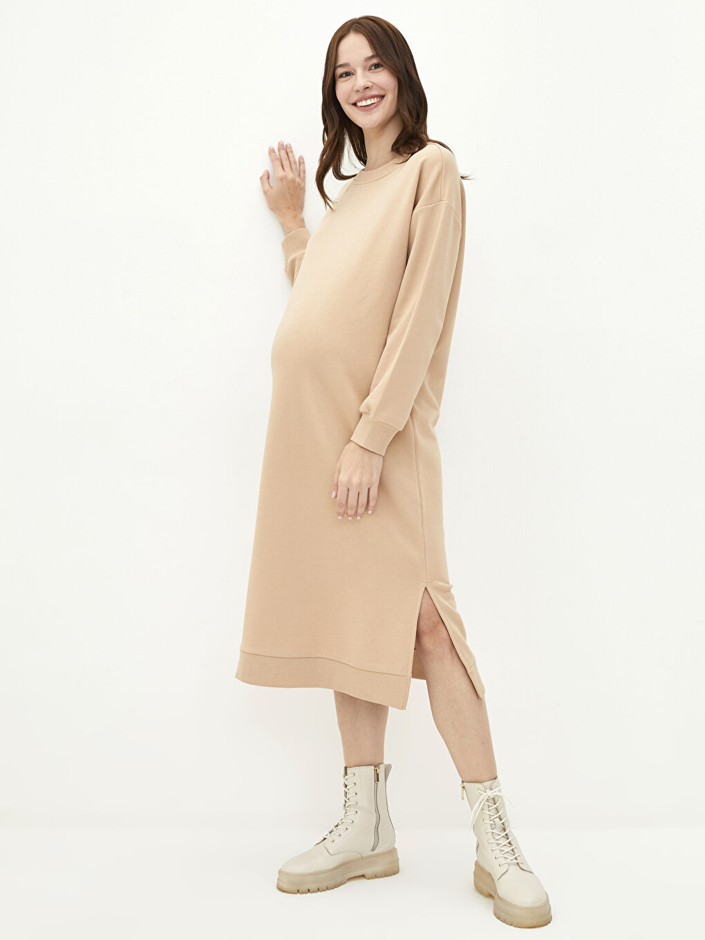 Bej Bisiklet Yaka Düz Uzun Kollu Hamile Elbise