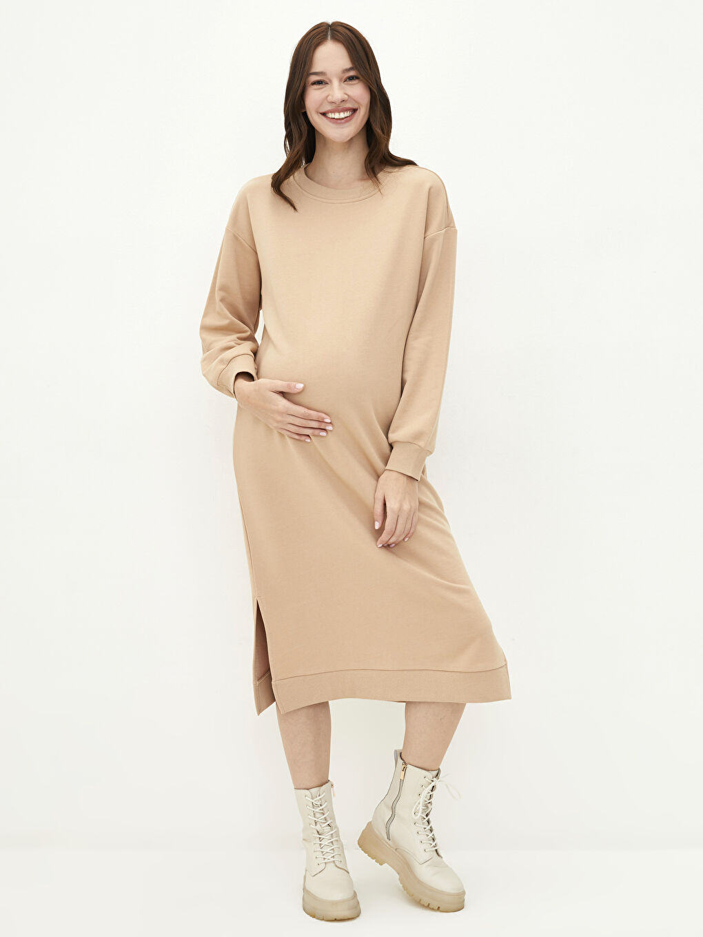Bej Bisiklet Yaka Düz Uzun Kollu Hamile Elbise-1