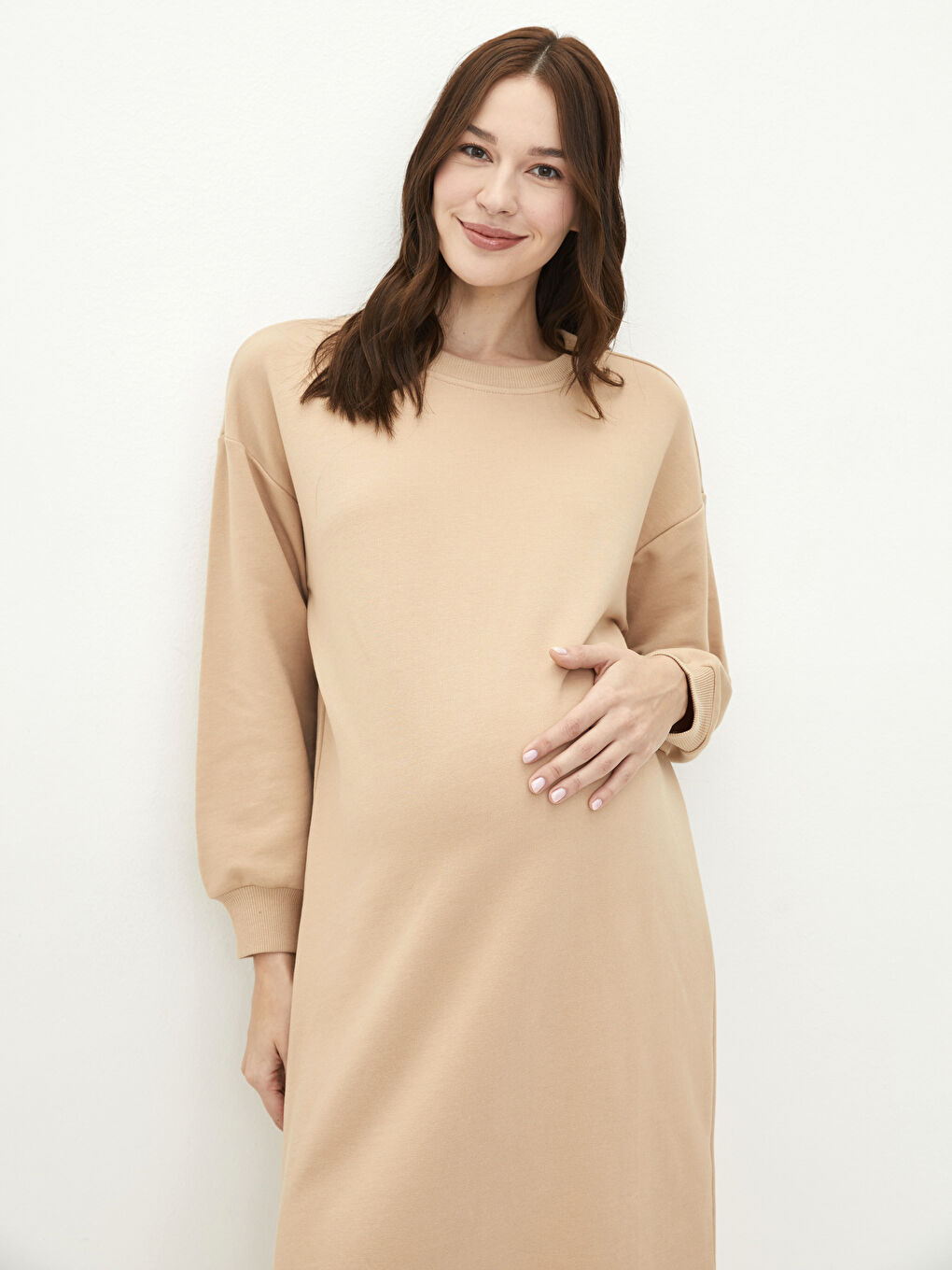 Bej Bisiklet Yaka Düz Uzun Kollu Hamile Elbise-2