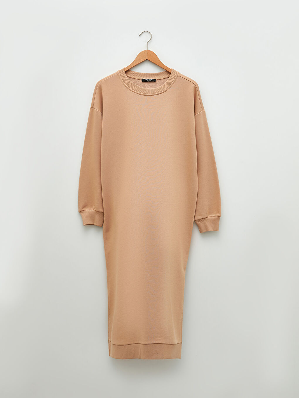 Bej Bisiklet Yaka Düz Uzun Kollu Hamile Elbise-4