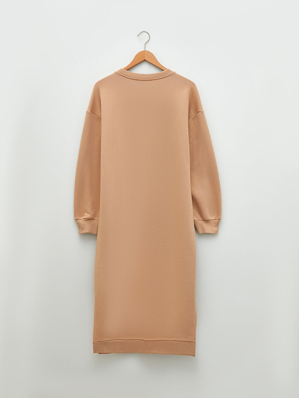 Bej Bisiklet Yaka Düz Uzun Kollu Hamile Elbise-5