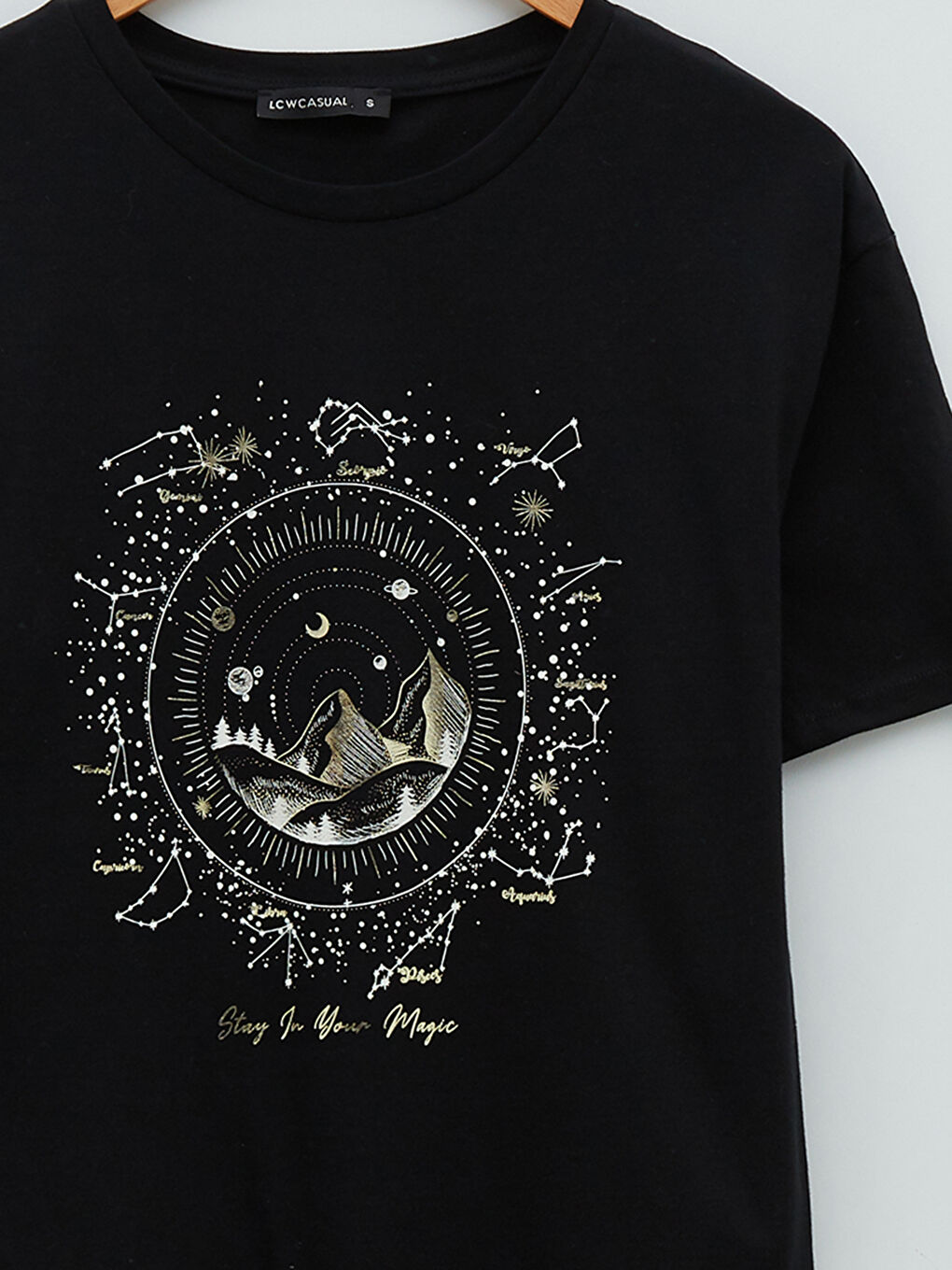 Siyah Bisiklet Yaka Baskılı Kısa Kollu Pamuklu Kadın Tişört-6