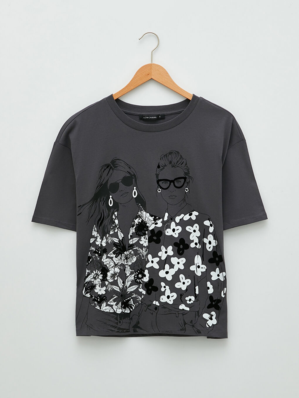 Gri Bisiklet Yaka Baskılı Kısa Kollu Pamuklu Kadın Tişört-6