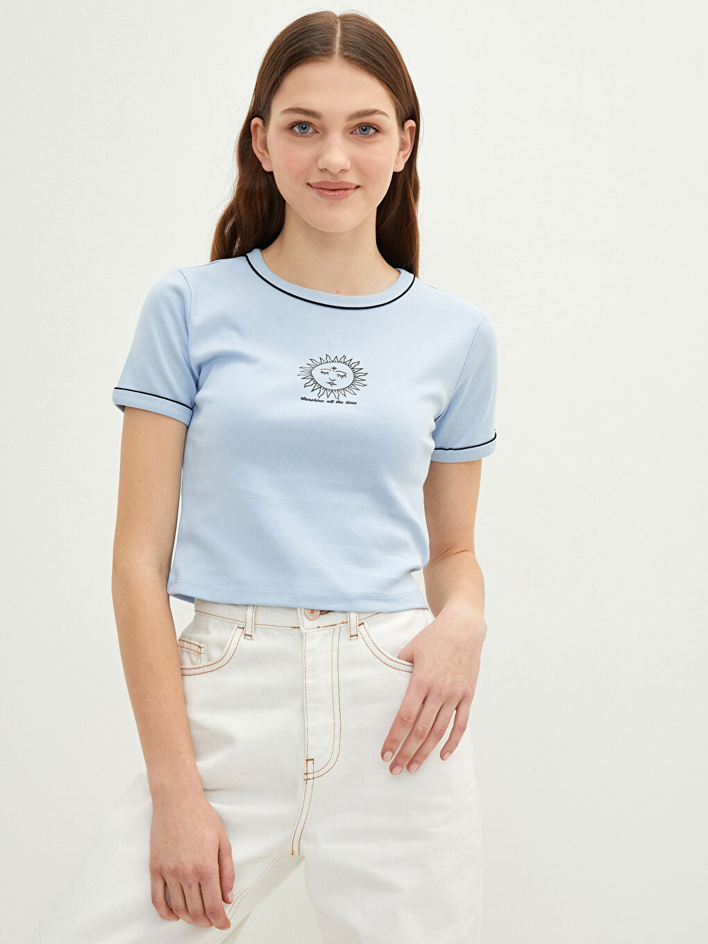 Tricou din Bumbac cu Mânecă Scurtă Imprimat și Guler Rotund pentru Femei-1