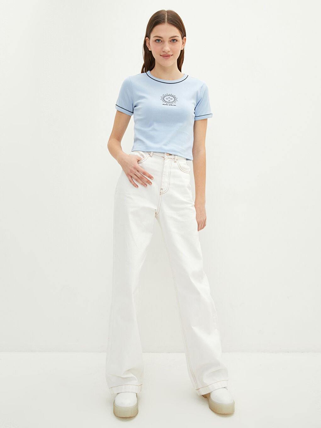 Tricou din Bumbac cu Mânecă Scurtă Imprimat și Guler Rotund pentru Femei-3