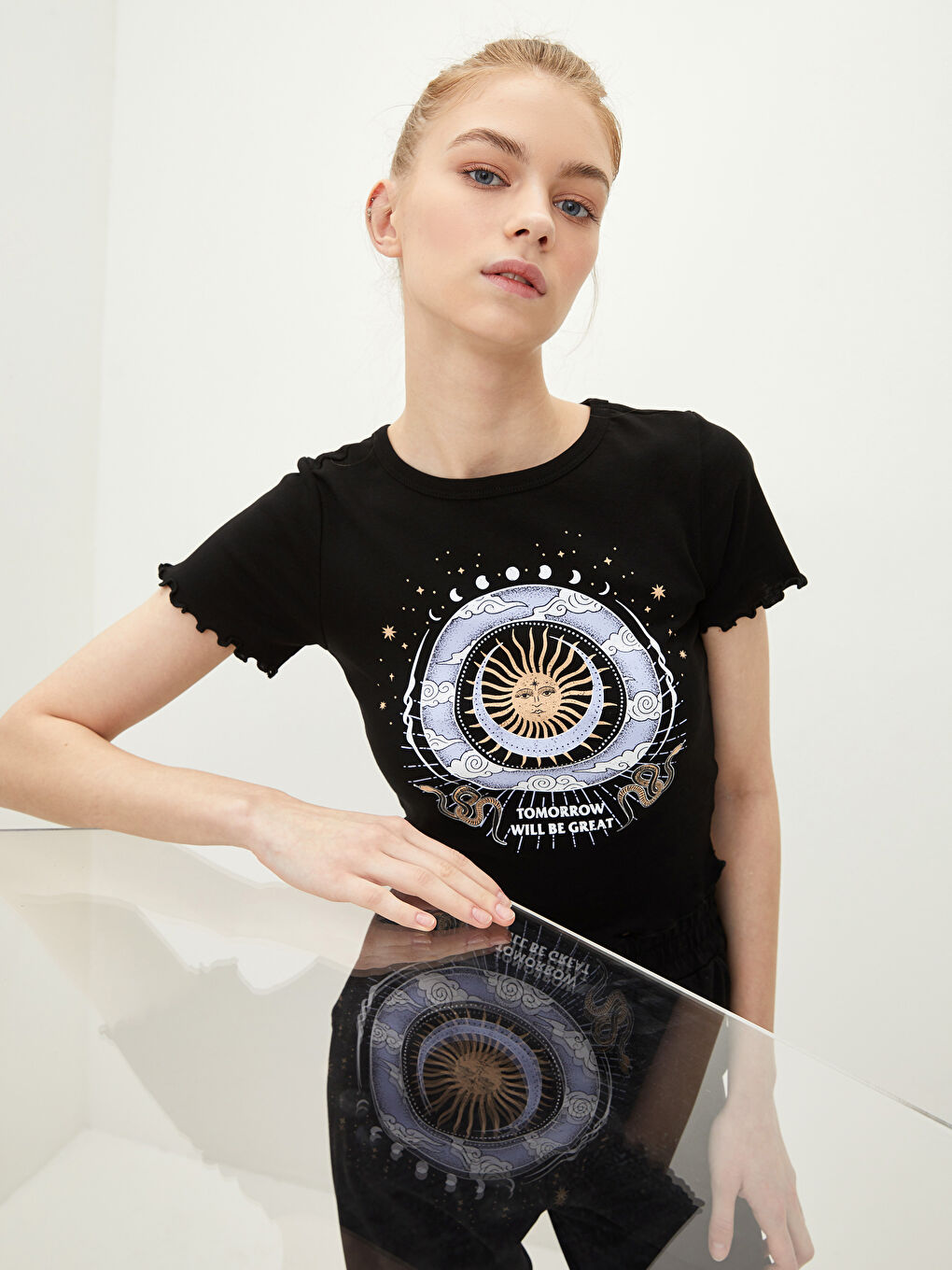 Tricou din Bumbac cu Mânecă Scurtă Imprimat și Guler Rotund pentru Femei