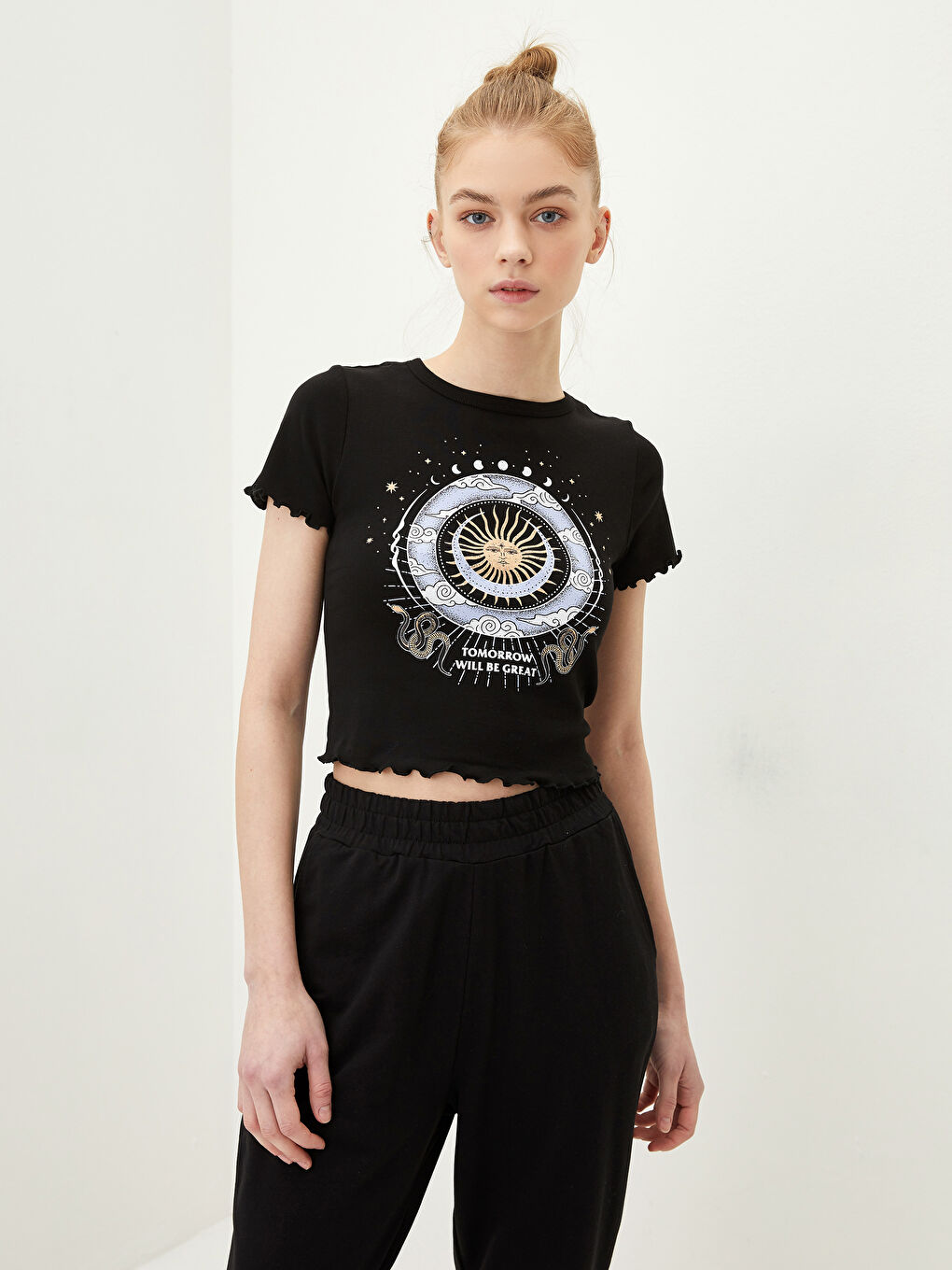 Tricou din Bumbac cu Mânecă Scurtă Imprimat și Guler Rotund pentru Femei-1