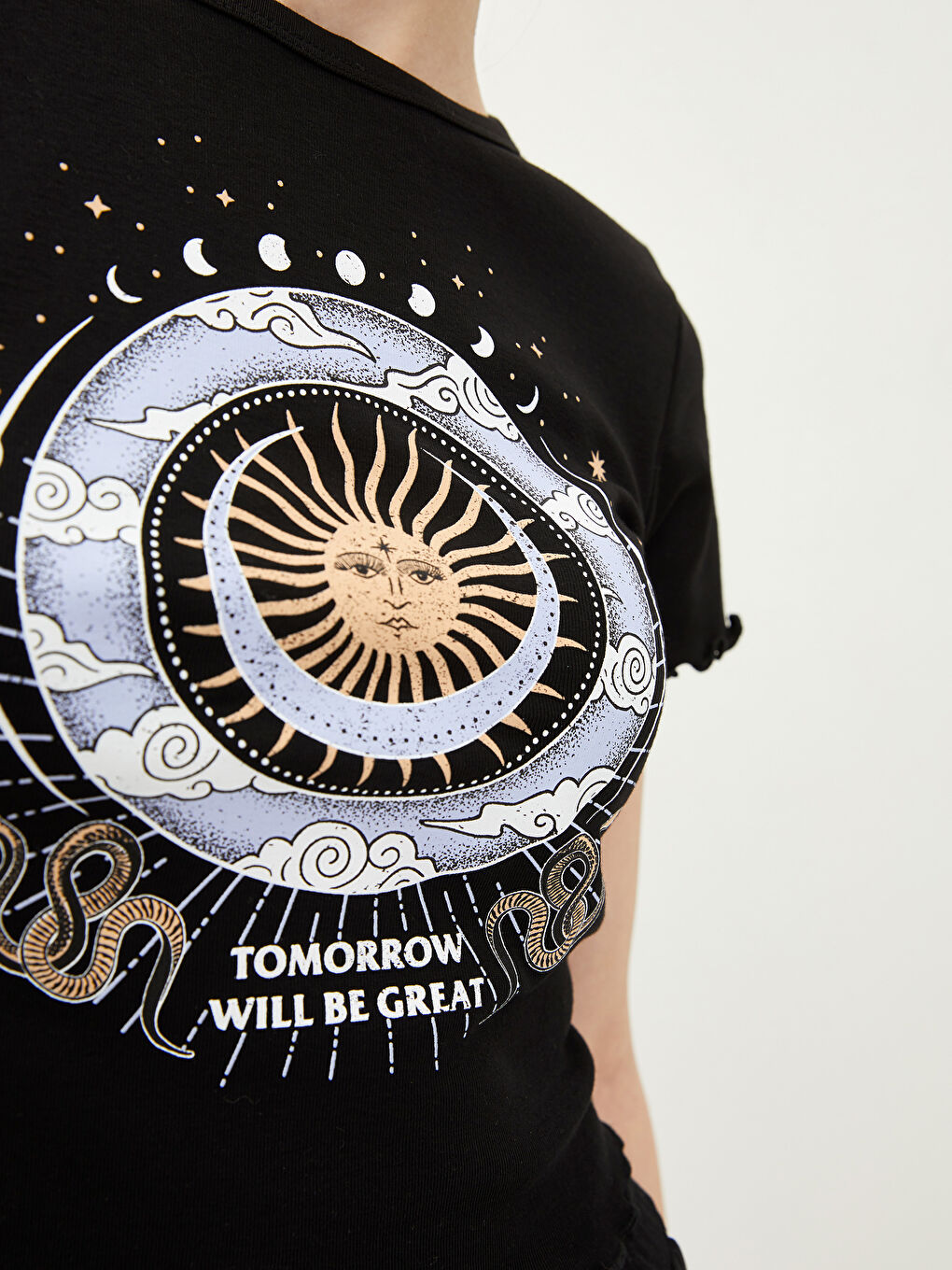 Tricou din Bumbac cu Mânecă Scurtă Imprimat și Guler Rotund pentru Femei-2