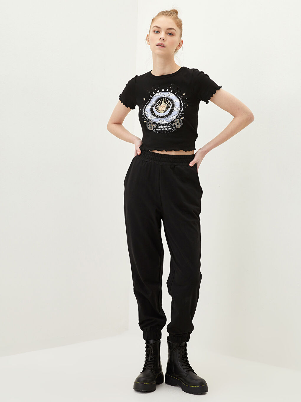 Tricou din Bumbac cu Mânecă Scurtă Imprimat și Guler Rotund pentru Femei-3