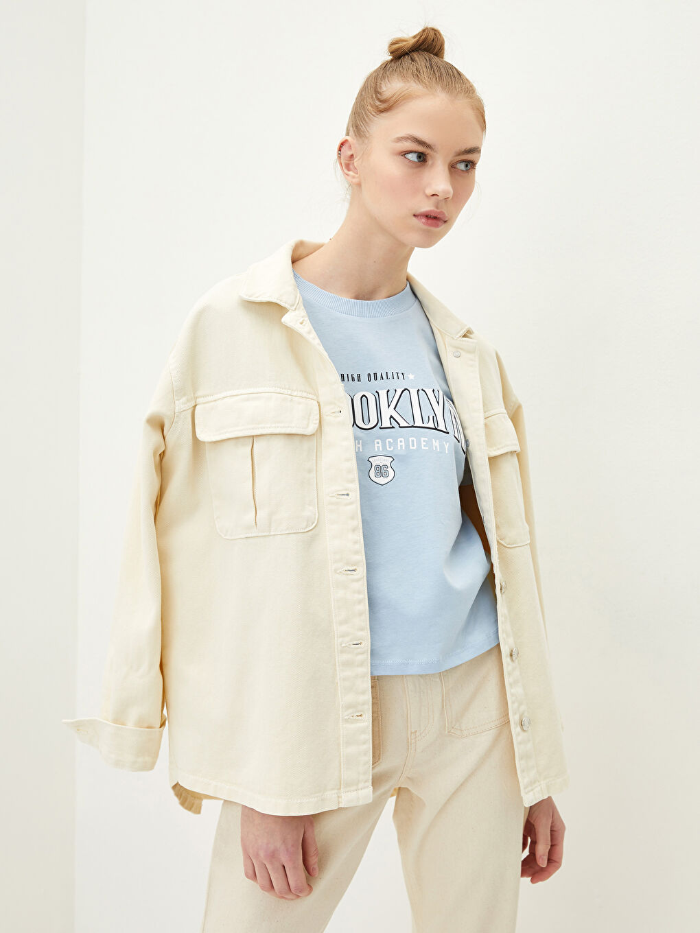 Mavi Bisiklet Yaka Baskılı Kısa Kollu Pamuklu Kadın Tişört