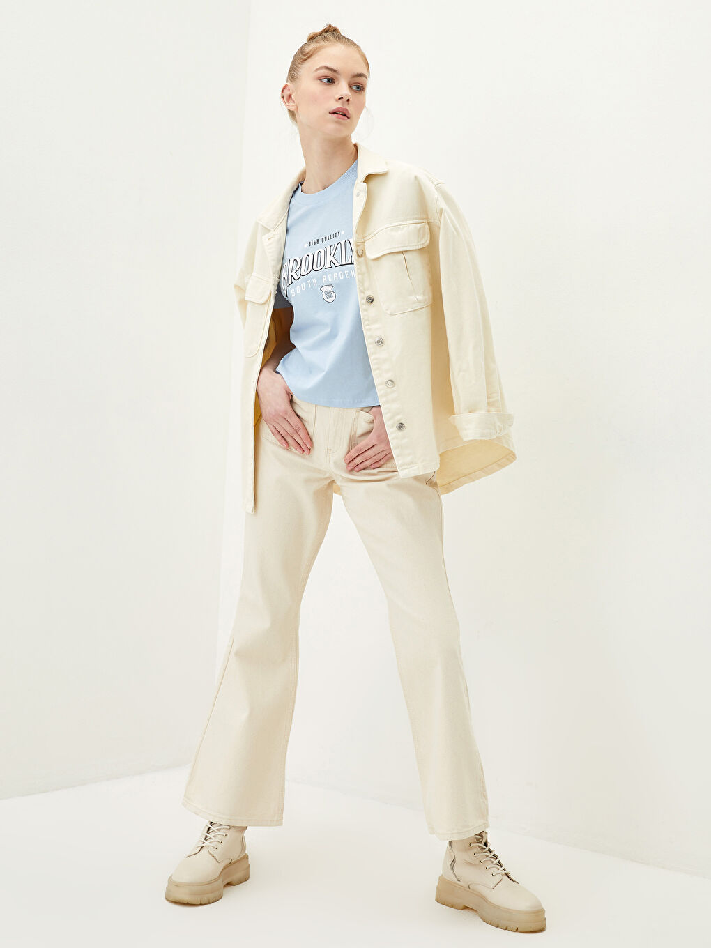 Mavi Bisiklet Yaka Baskılı Kısa Kollu Pamuklu Kadın Tişört-2