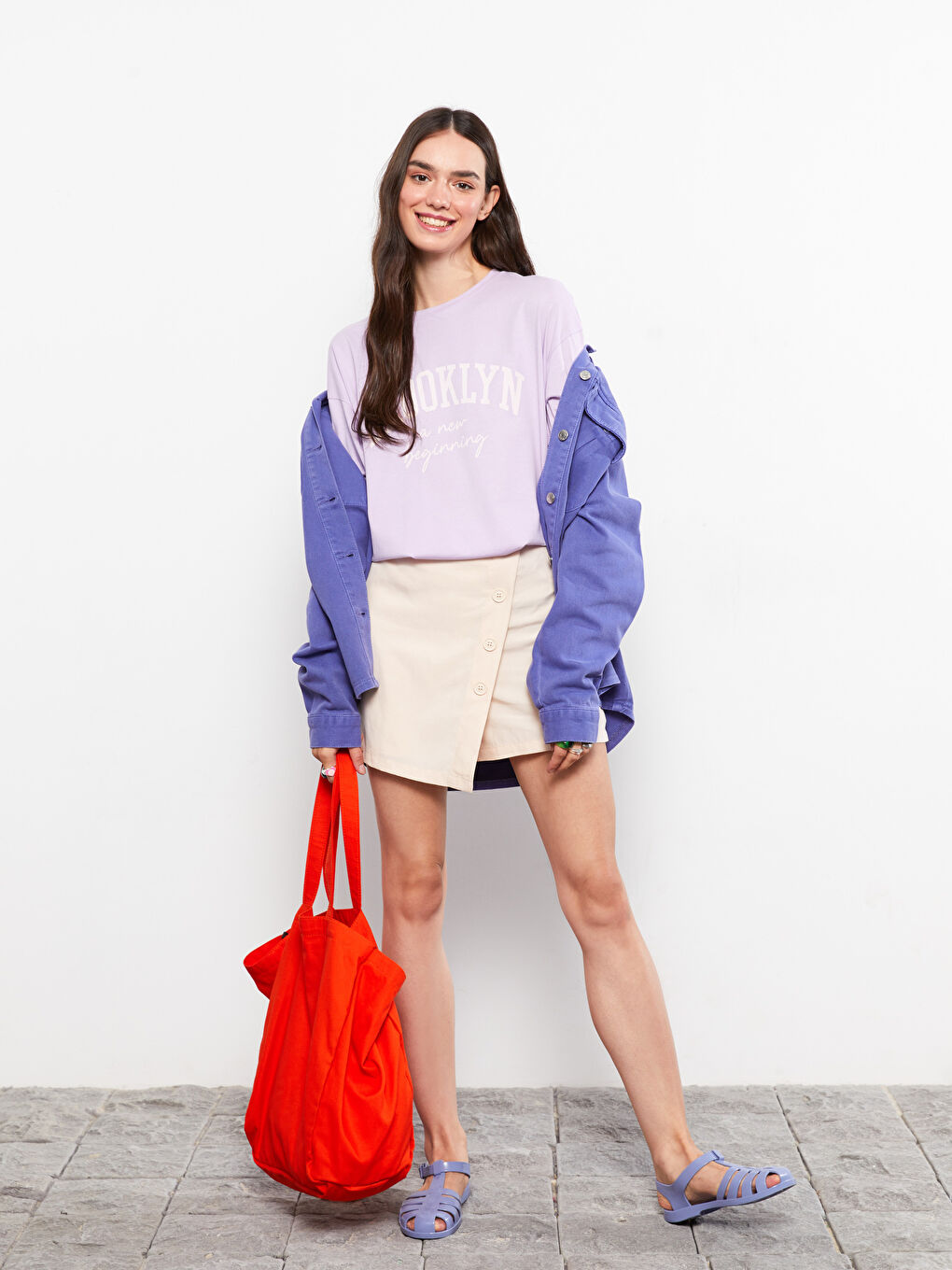 T-shirt en Coton à Manches Courtes Imprimé à Col Rond pour Femmes