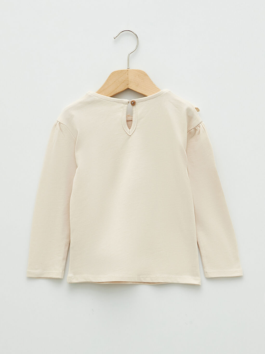 Bej Bebe Yaka Uzun Kollu Basic Pamuklu Kız Bebek Tişört-1