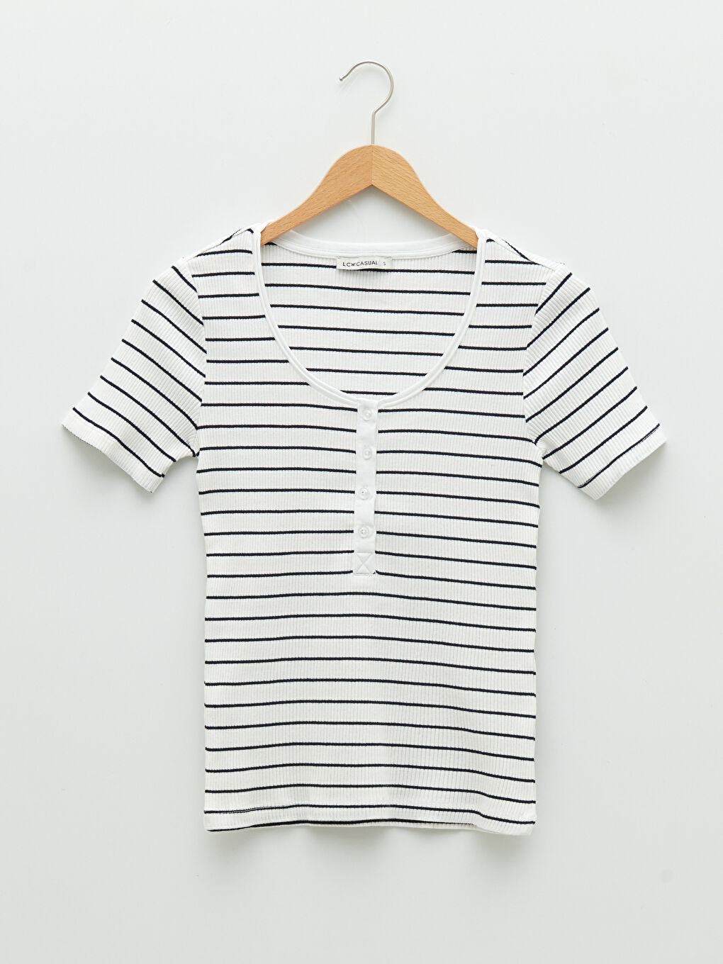 Lacivert U Yaka Çizgili Kısa Kollu Pamuklu Kadın Tişört-5