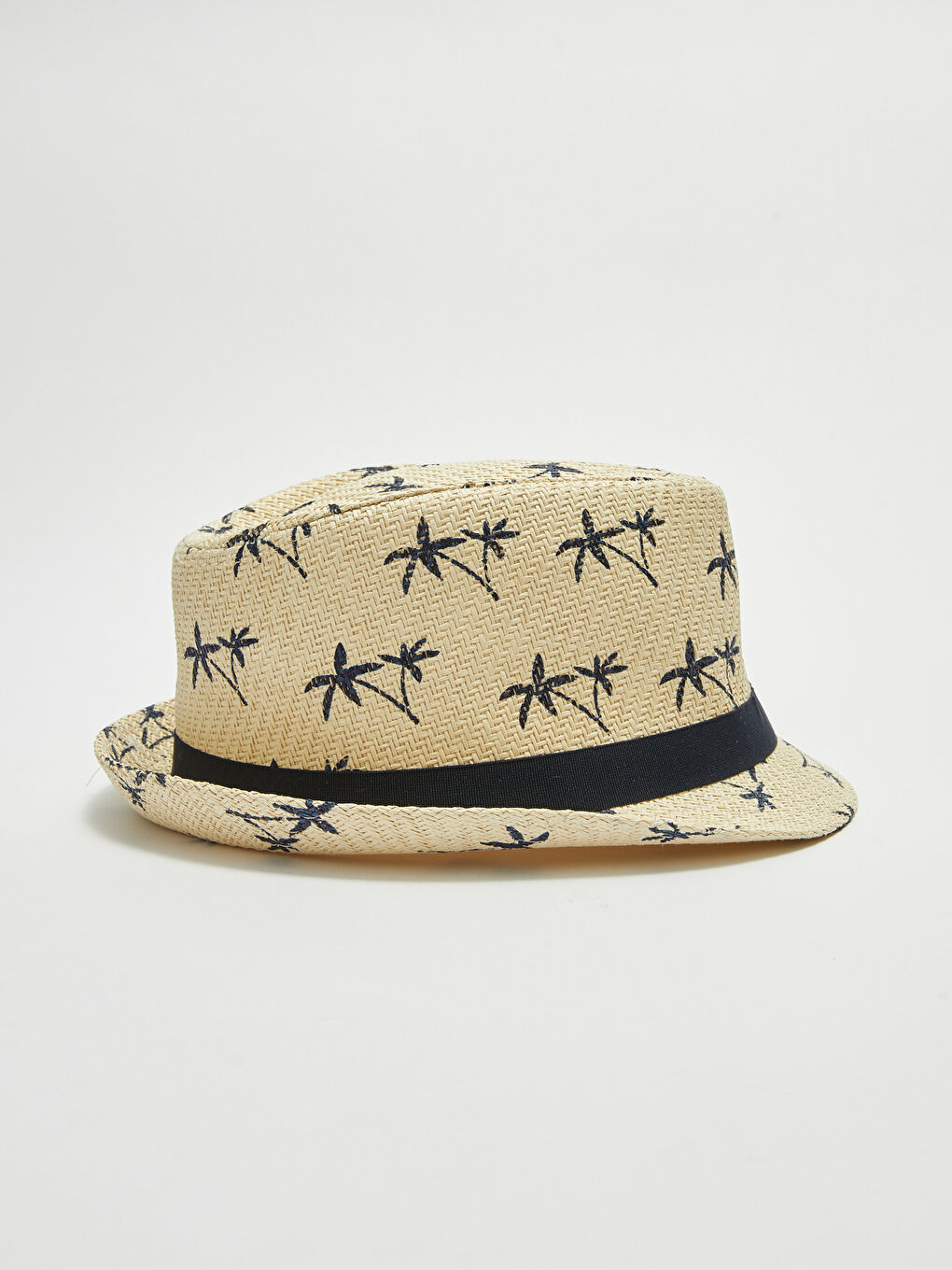 Bej Şerit Detaylı Desenli Erkek Hasır Fötr Şapka-1