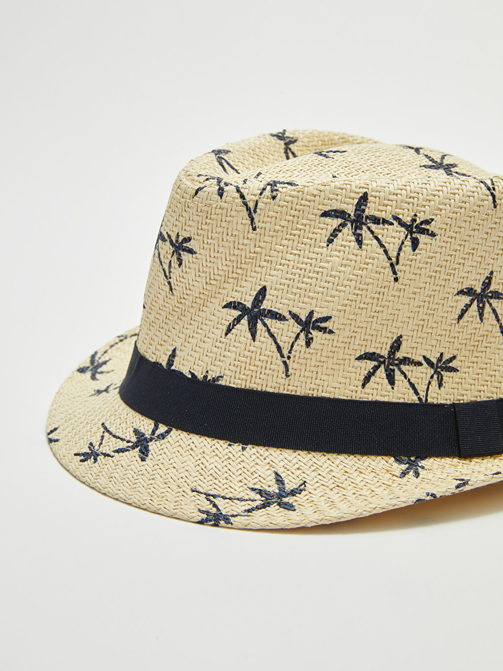 Bej Şerit Detaylı Desenli Erkek Hasır Fötr Şapka-2