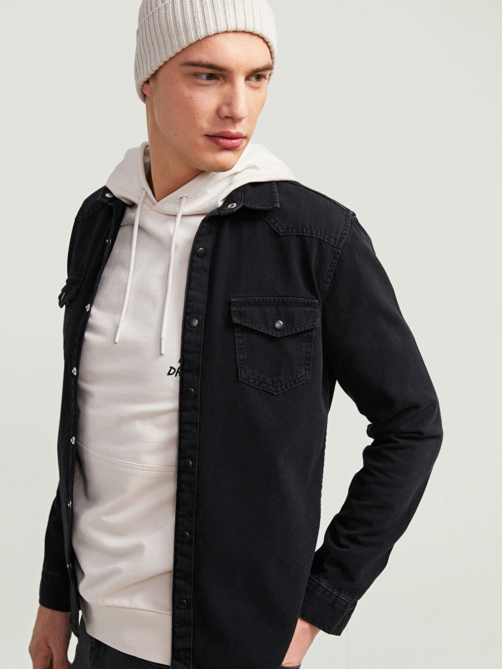 Antrasit Regular Fit Uzun Kollu Erkek Jean Gömlek-1