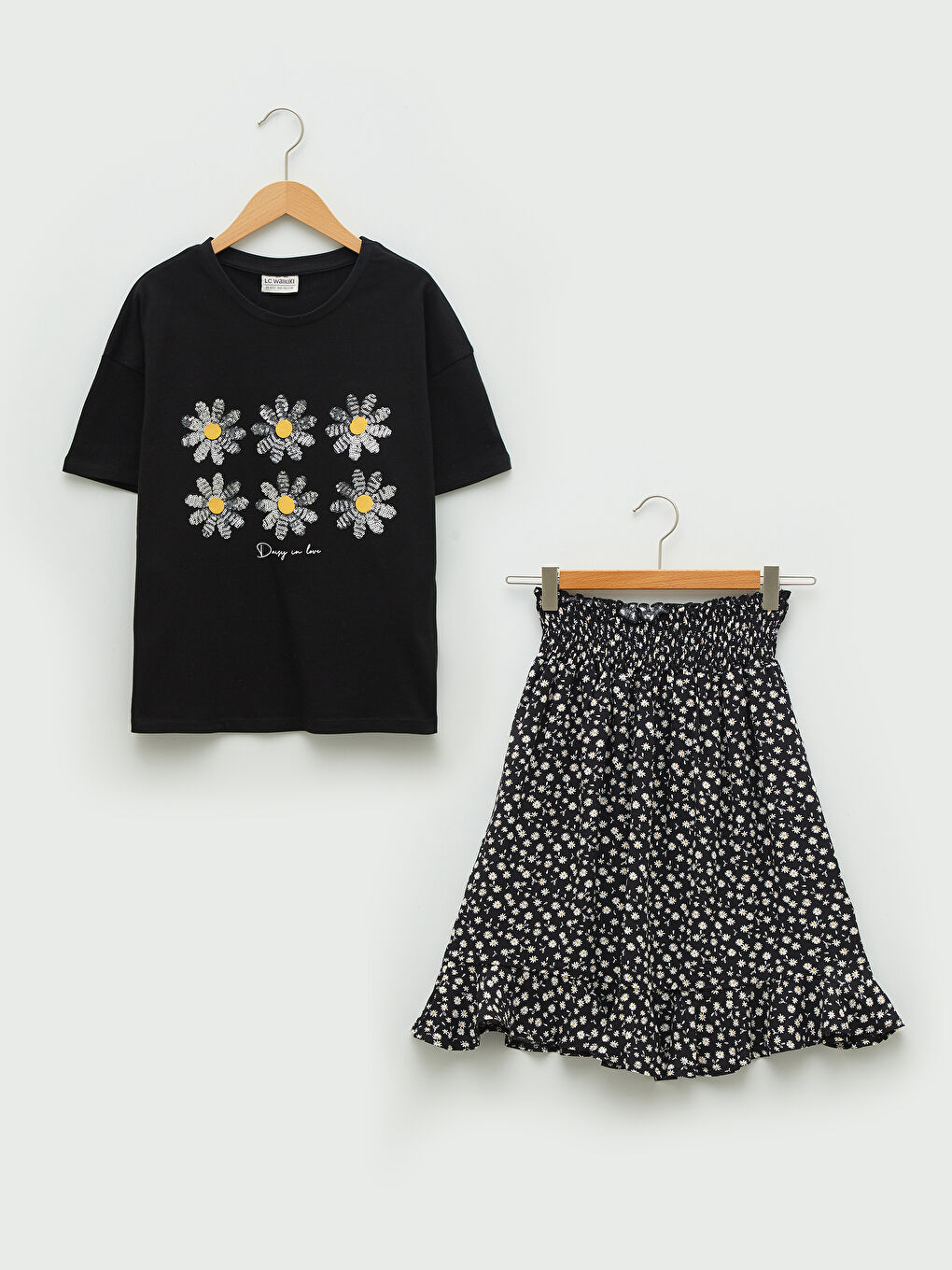 Rundhalsausschnitt Bedruckt Pailletten Bestickt Kurzarm Oversize Mädchen Bluse und Rock
