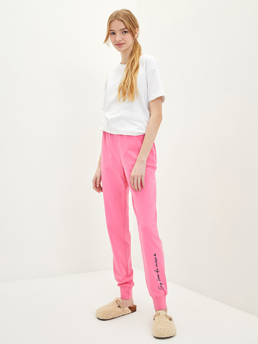 Pembe Beli Lastikli Baskılı Pamuklu Kadın Jogger Pijama Alt-1