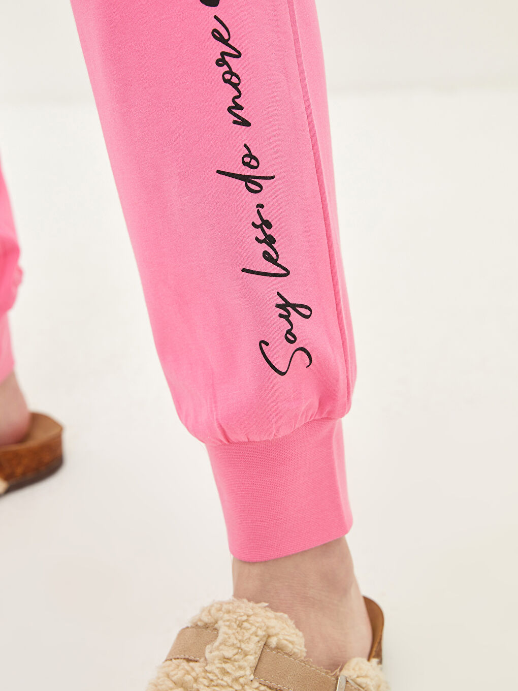 Pembe Beli Lastikli Baskılı Pamuklu Kadın Jogger Pijama Alt-2