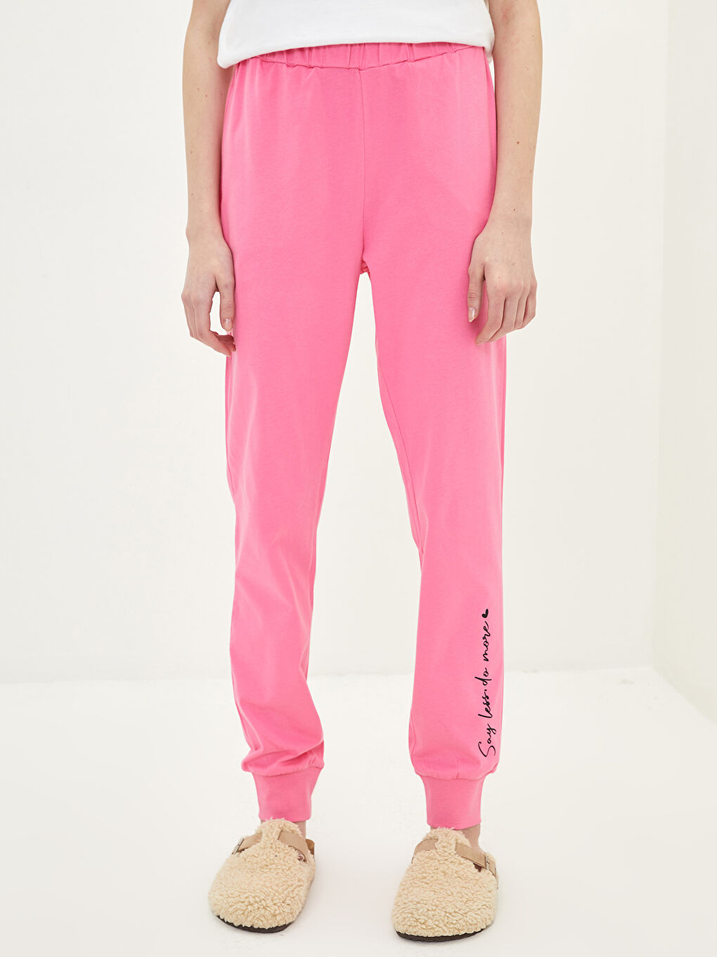 Pembe Beli Lastikli Baskılı Pamuklu Kadın Jogger Pijama Alt-3