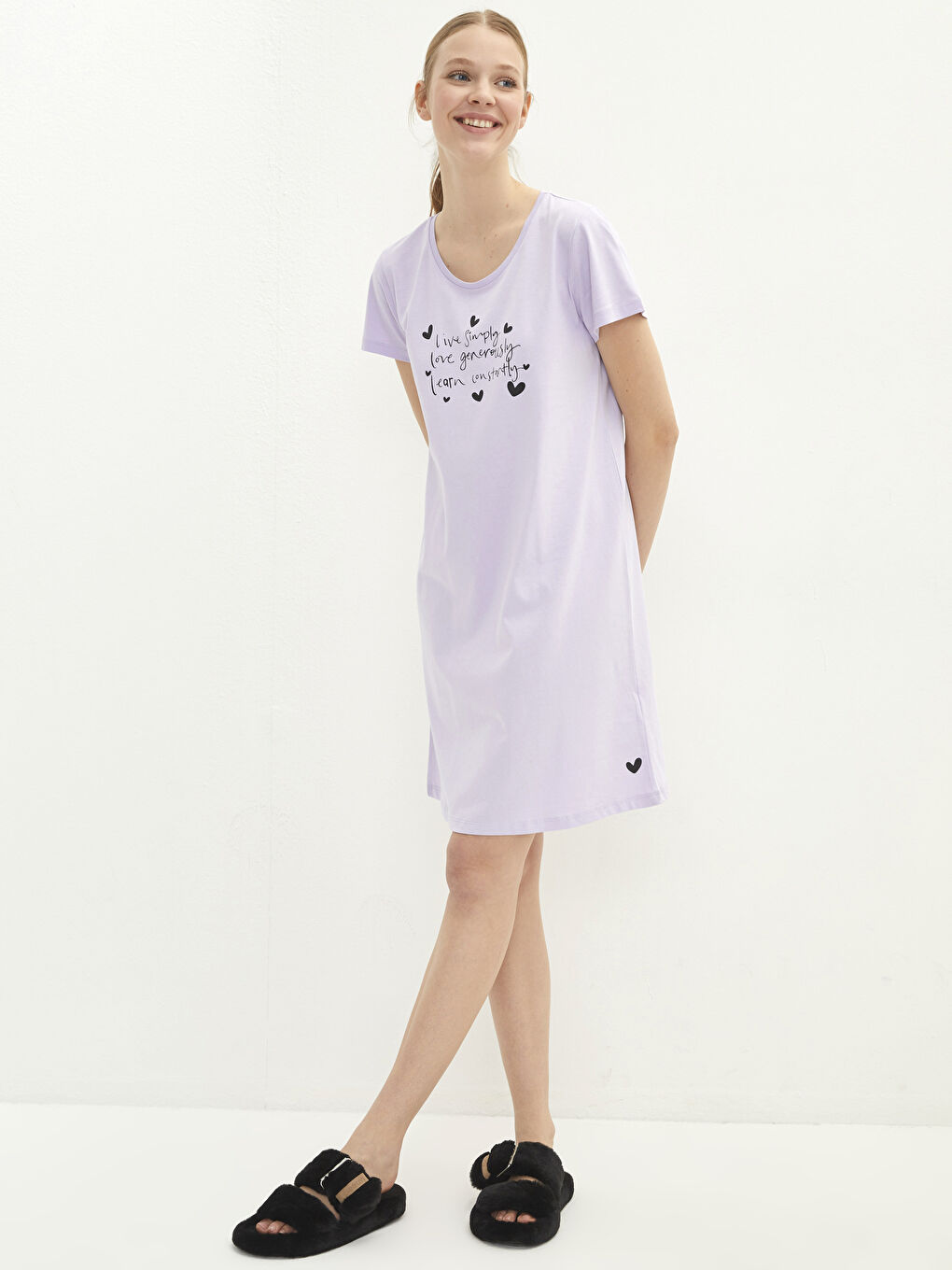 Lila Bisiklet Yaka Baskılı Kısa Kollu Pamuklu Kadın Gecelik