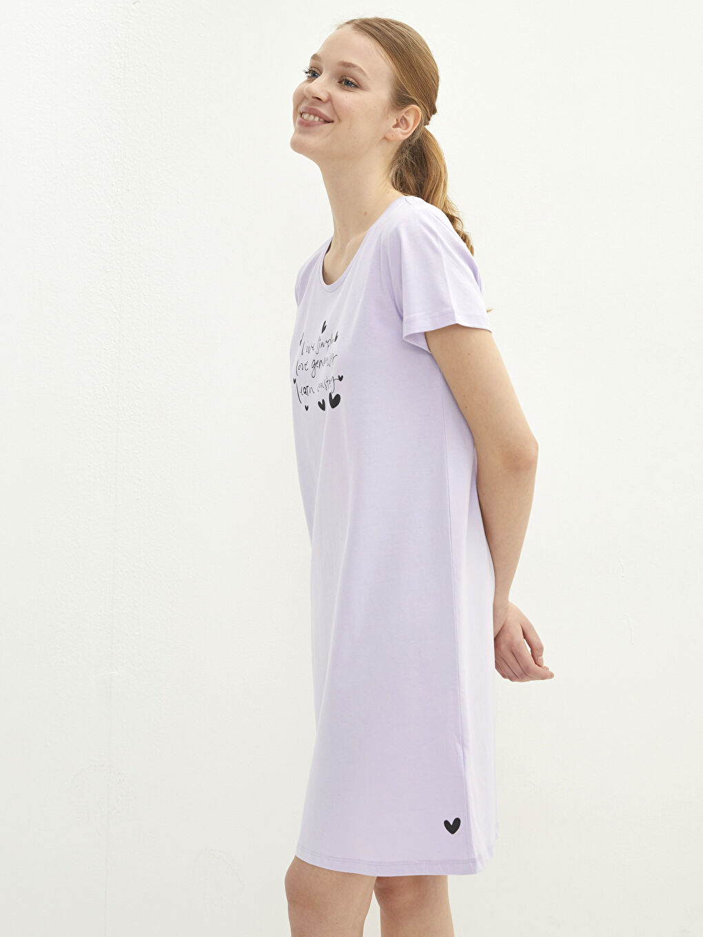 Lila Bisiklet Yaka Baskılı Kısa Kollu Pamuklu Kadın Gecelik-1