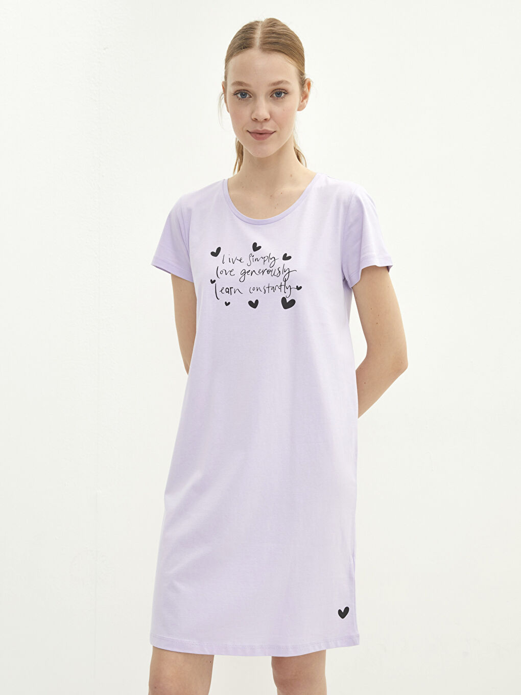 Lila Bisiklet Yaka Baskılı Kısa Kollu Pamuklu Kadın Gecelik-2