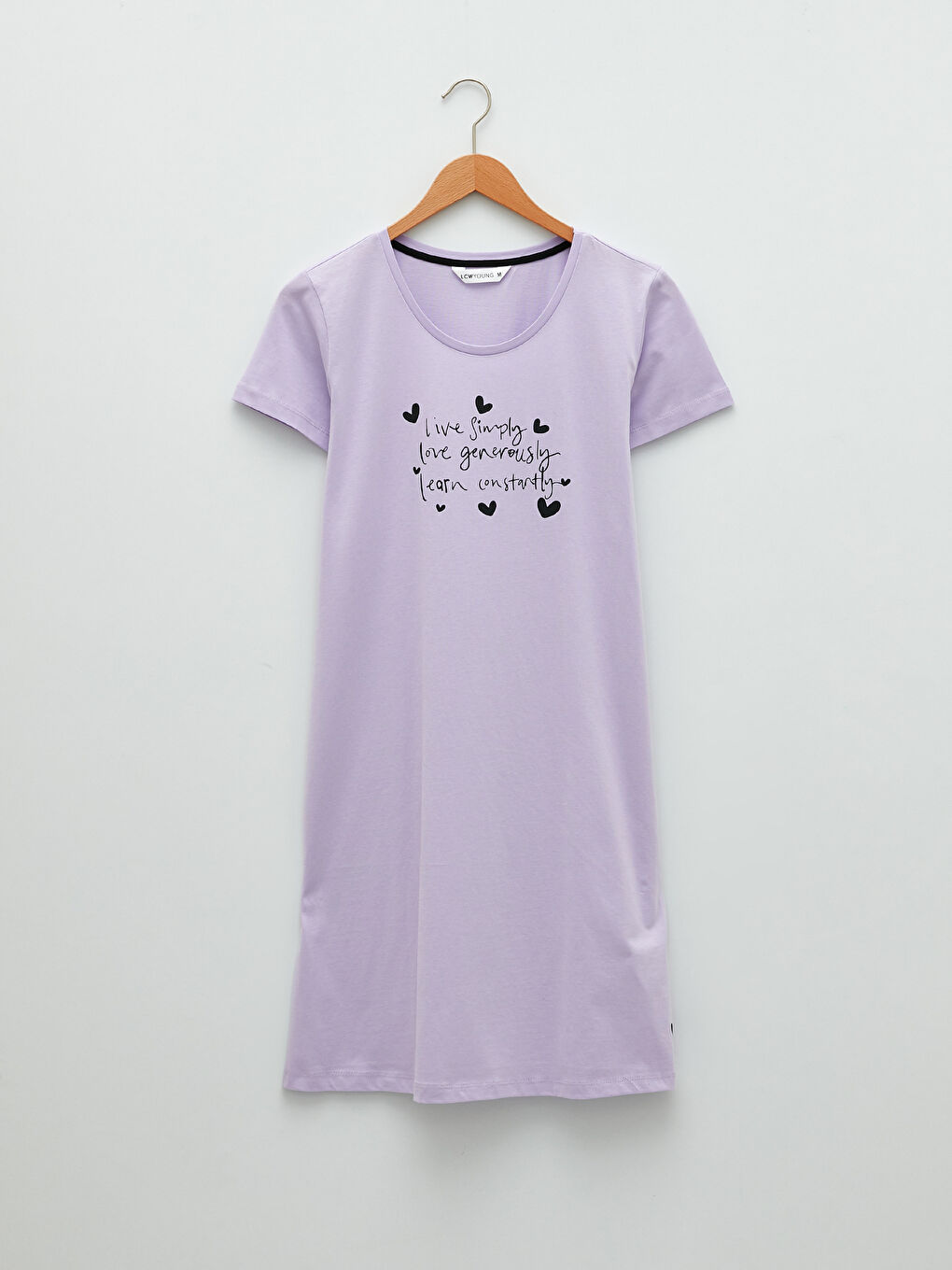 Lila Bisiklet Yaka Baskılı Kısa Kollu Pamuklu Kadın Gecelik-5