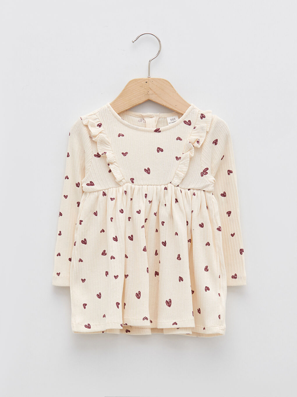 Ekru Bisiklet Yaka Uzun Kollu Pamuklu Kız Bebek Elbise