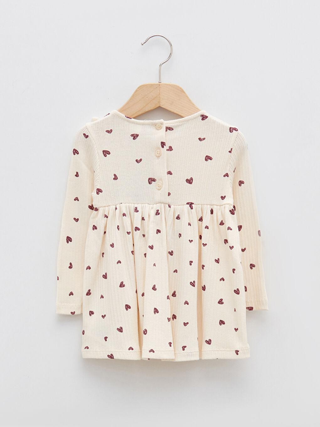 Ekru Bisiklet Yaka Uzun Kollu Pamuklu Kız Bebek Elbise-1