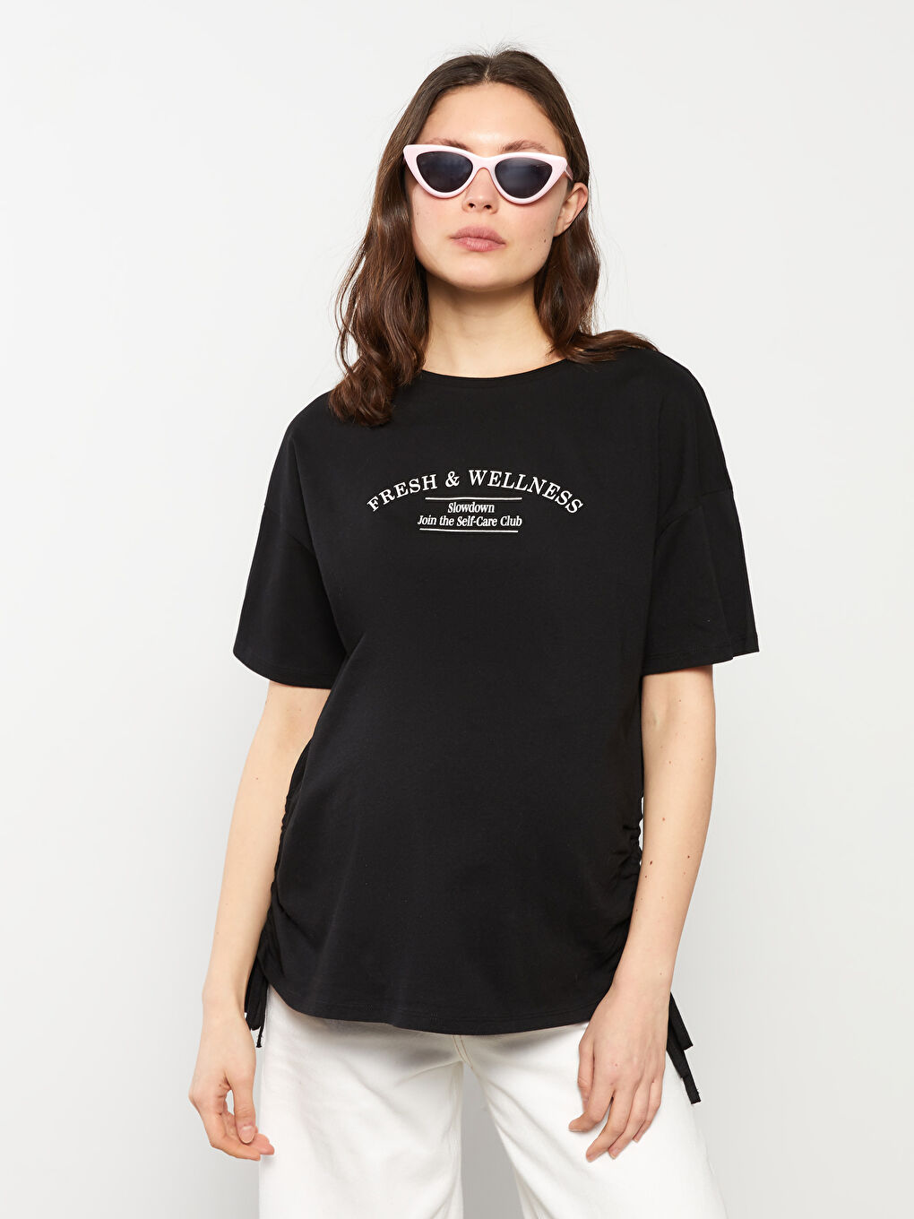 Crew Neck Letter Printed Short Sleeve Cotton Maternity T-Shirt
