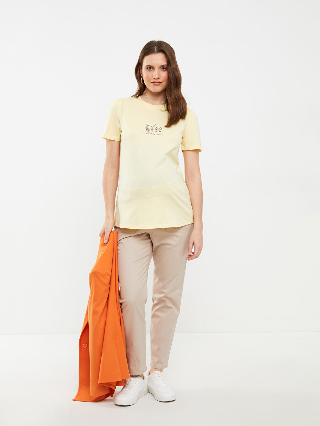 Sarı Bisiklet Yaka Baskılı Kısa Kollu Pamuklu Hamile Tişört