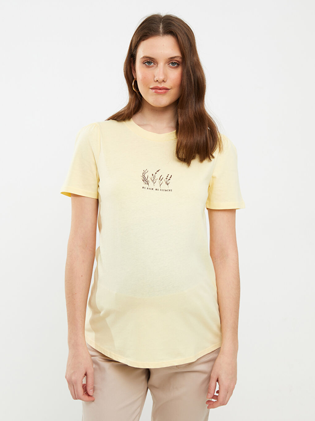 Sarı Bisiklet Yaka Baskılı Kısa Kollu Pamuklu Hamile Tişört-2