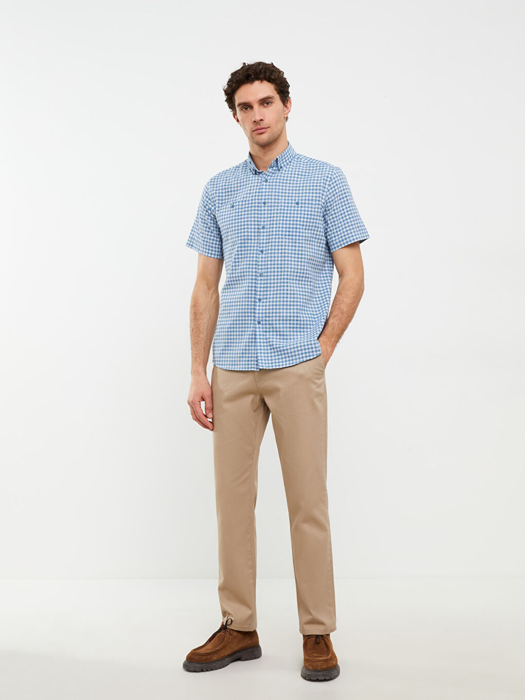 قميص بوبلين كاروهات كم قصير بقصة عادية للرجال-2