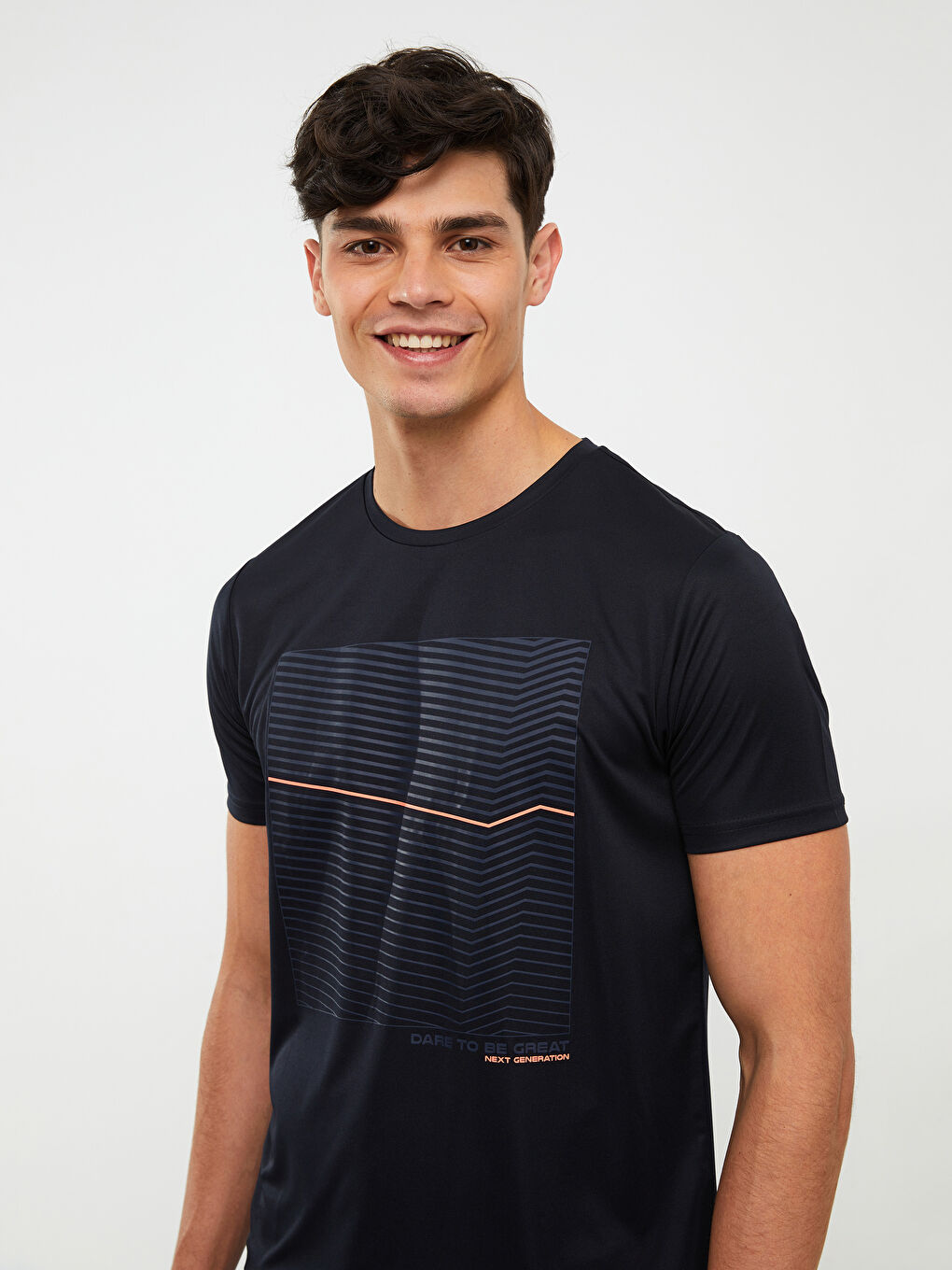 Lacivert Bisiklet Yaka Kısa Kollu Baskılı Erkek Spor Tişört-1