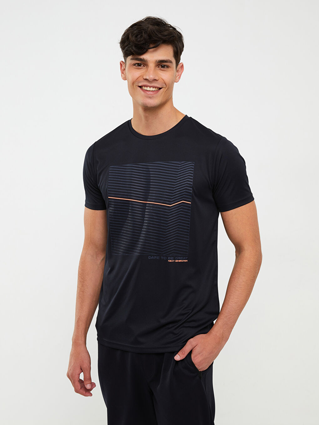 Lacivert Bisiklet Yaka Kısa Kollu Baskılı Erkek Spor Tişört-2