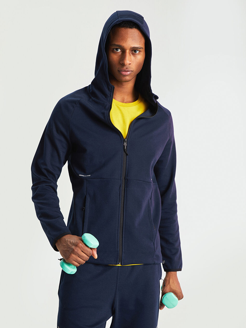 Lacivert Standart Kalıp Kapüşonlu Erkek Spor Hırka