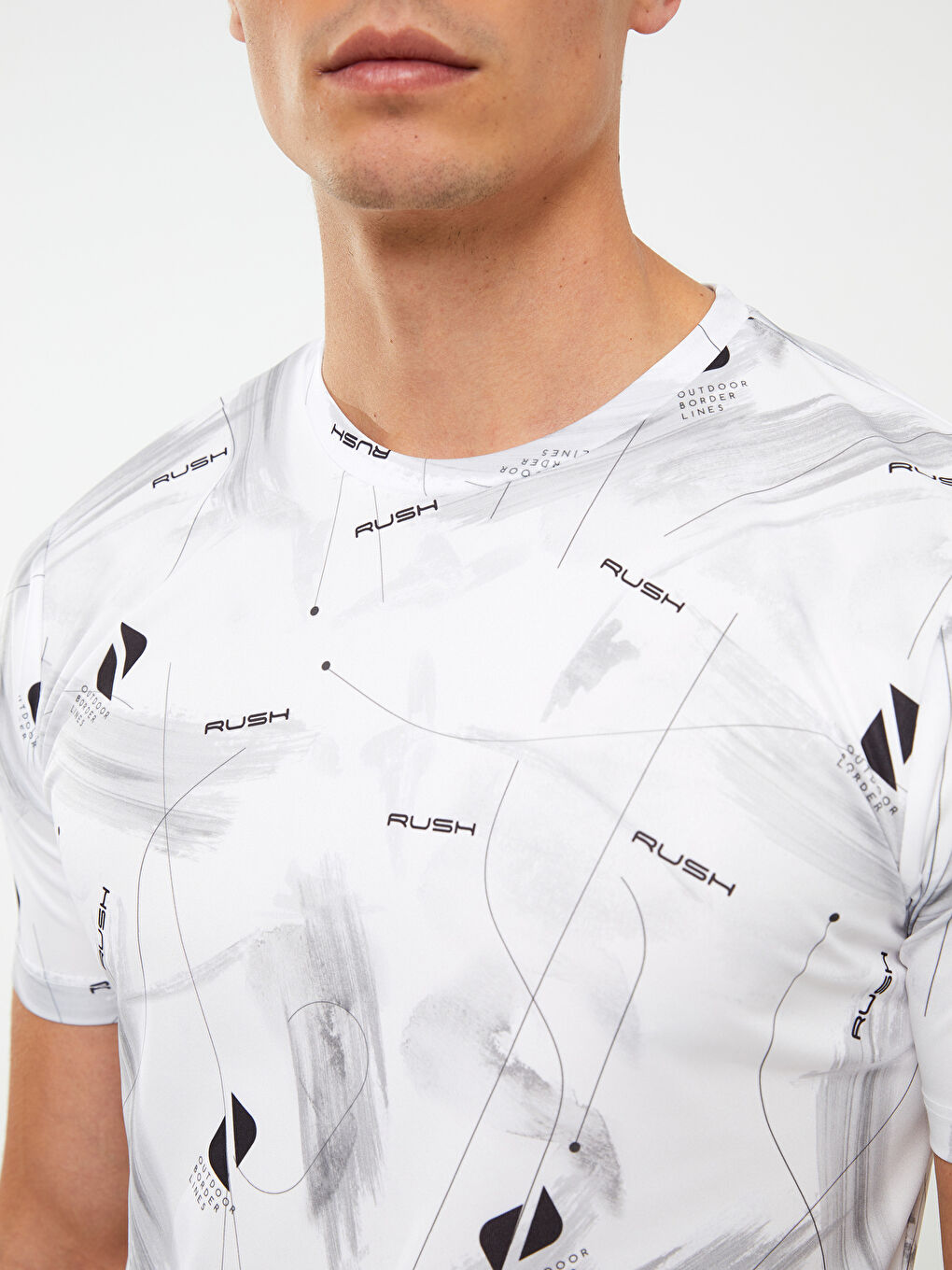Beyaz Bisiklet Yaka Kısa Kollu Baskılı Erkek Spor Tişört-4