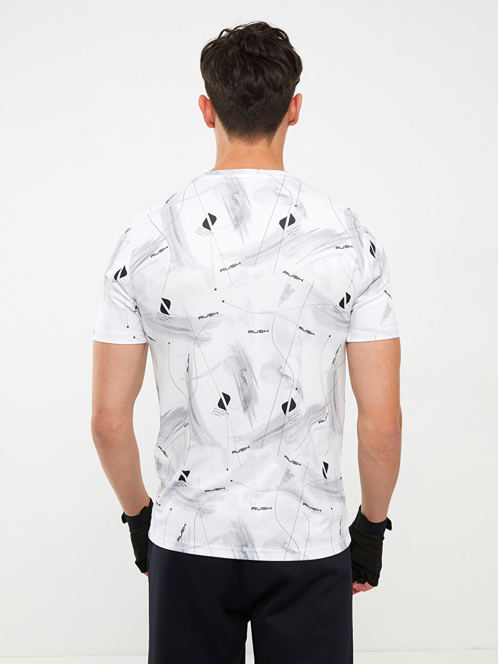 Beyaz Bisiklet Yaka Kısa Kollu Baskılı Erkek Spor Tişört-5