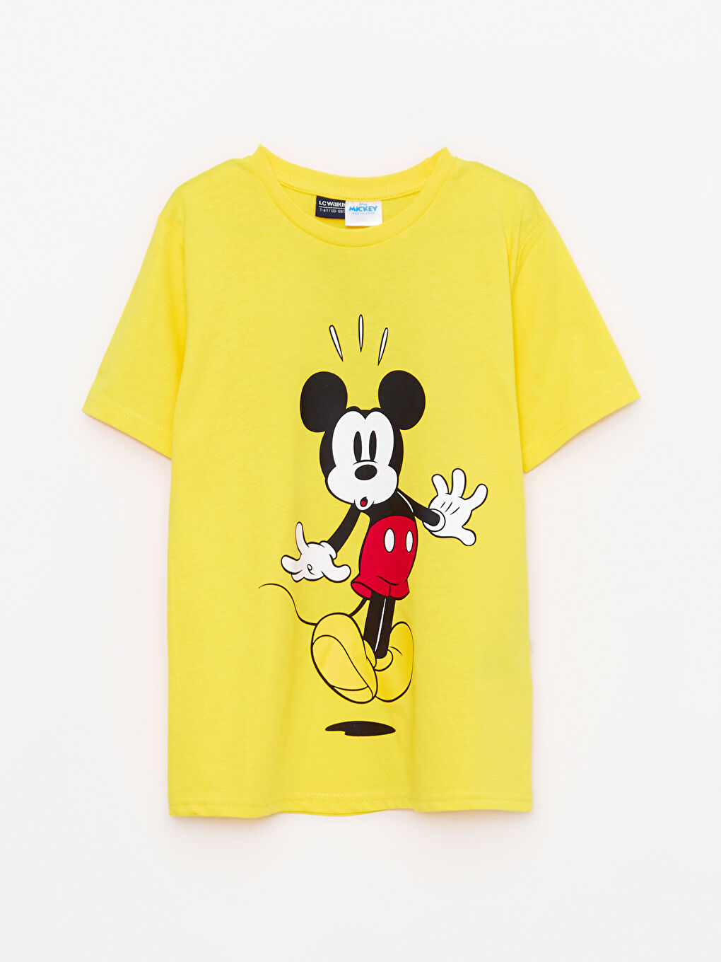 Sarı Bisiklet Yaka Mickey Mouse Baskılı Kısa Kollu Pamuklu Erkek Çocuk Tişört