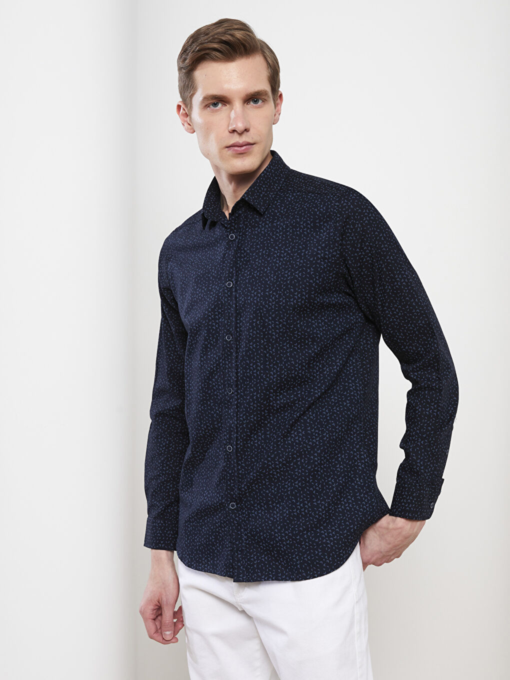 Lacivert Regular Fit Uzun Kollu Desenli Erkek Gömlek