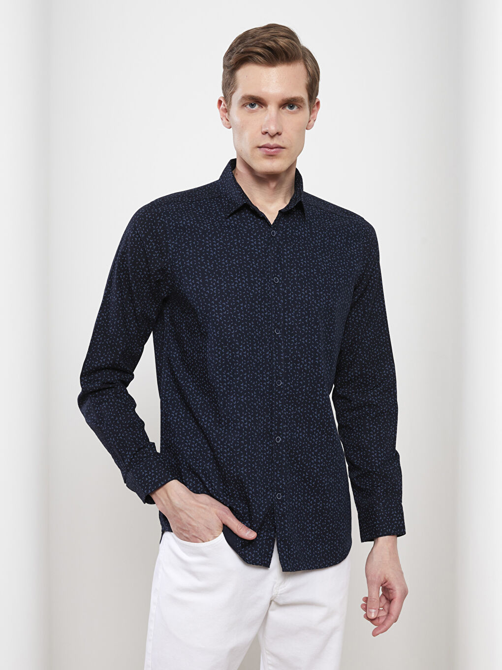 Lacivert Regular Fit Uzun Kollu Desenli Erkek Gömlek-1