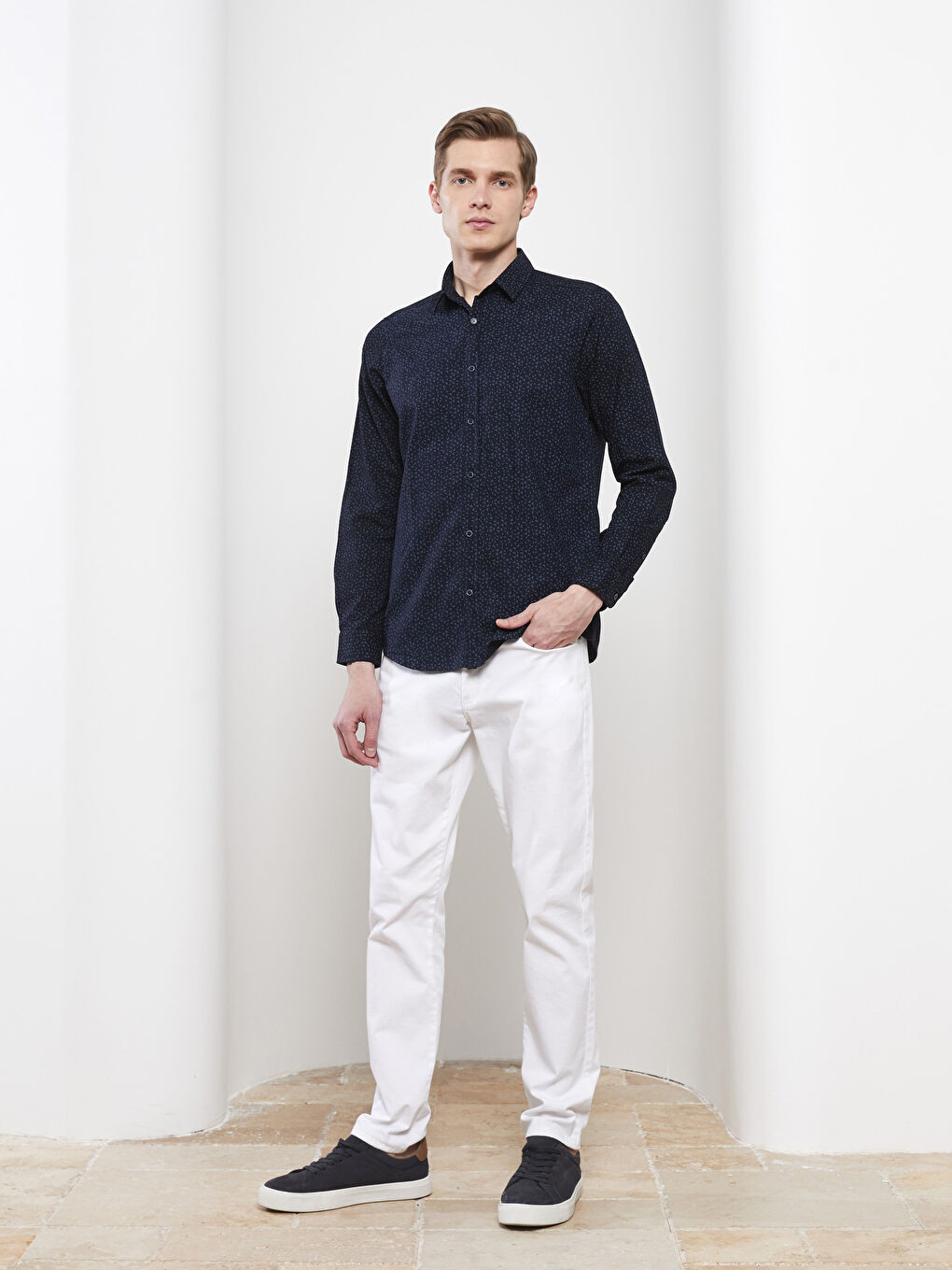 Lacivert Regular Fit Uzun Kollu Desenli Erkek Gömlek-3