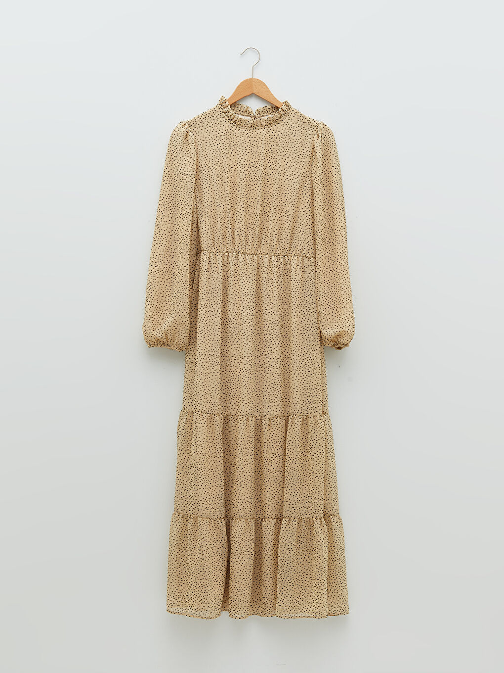 Bej Fırfırlı Dik Yaka Desenli Uzun Kollu Kadın Elbise-5