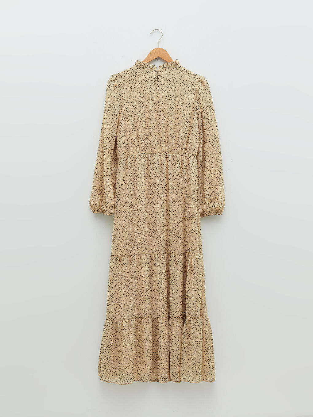 Bej Fırfırlı Dik Yaka Desenli Uzun Kollu Kadın Elbise-6