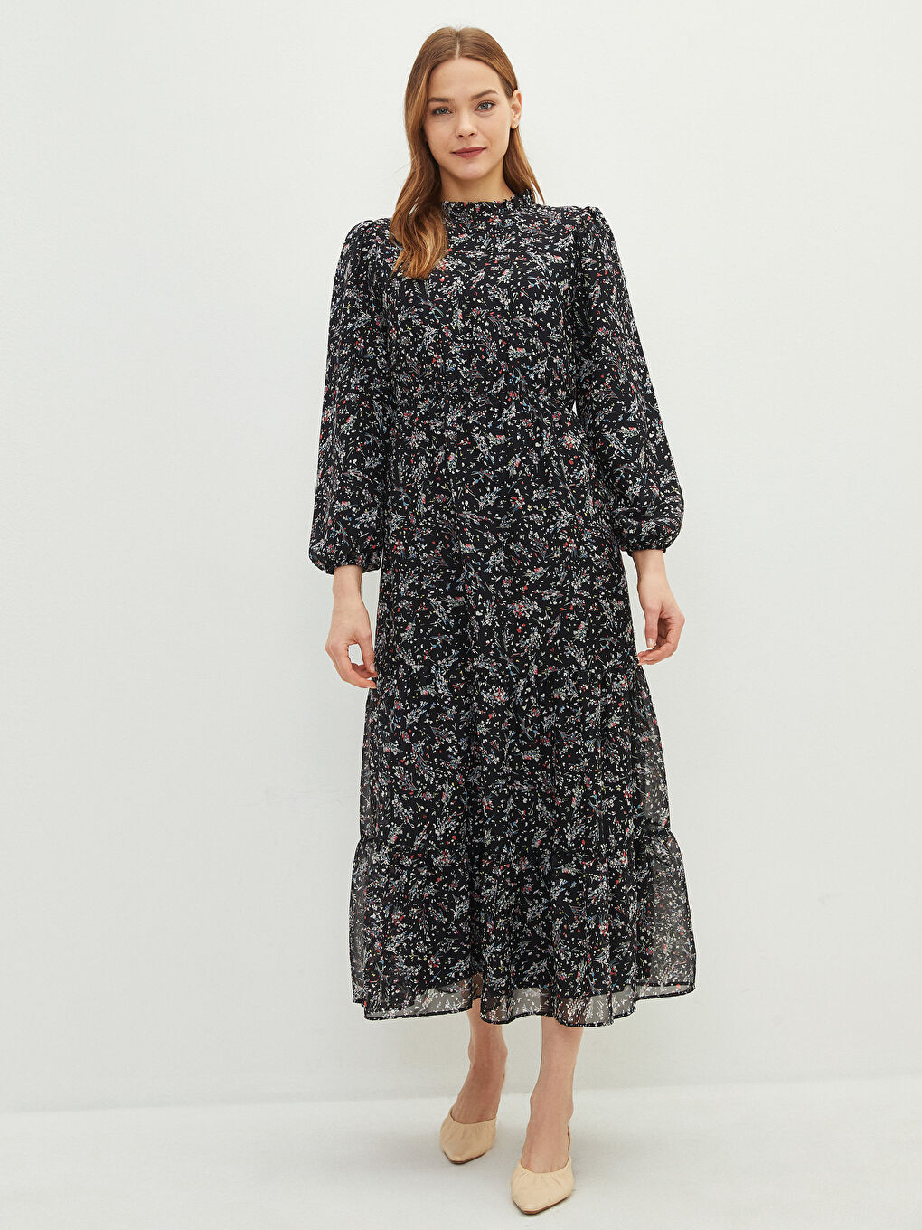 Siyah Fırfırlı Dik Yaka Desenli Uzun Kollu Kadın Elbise-1