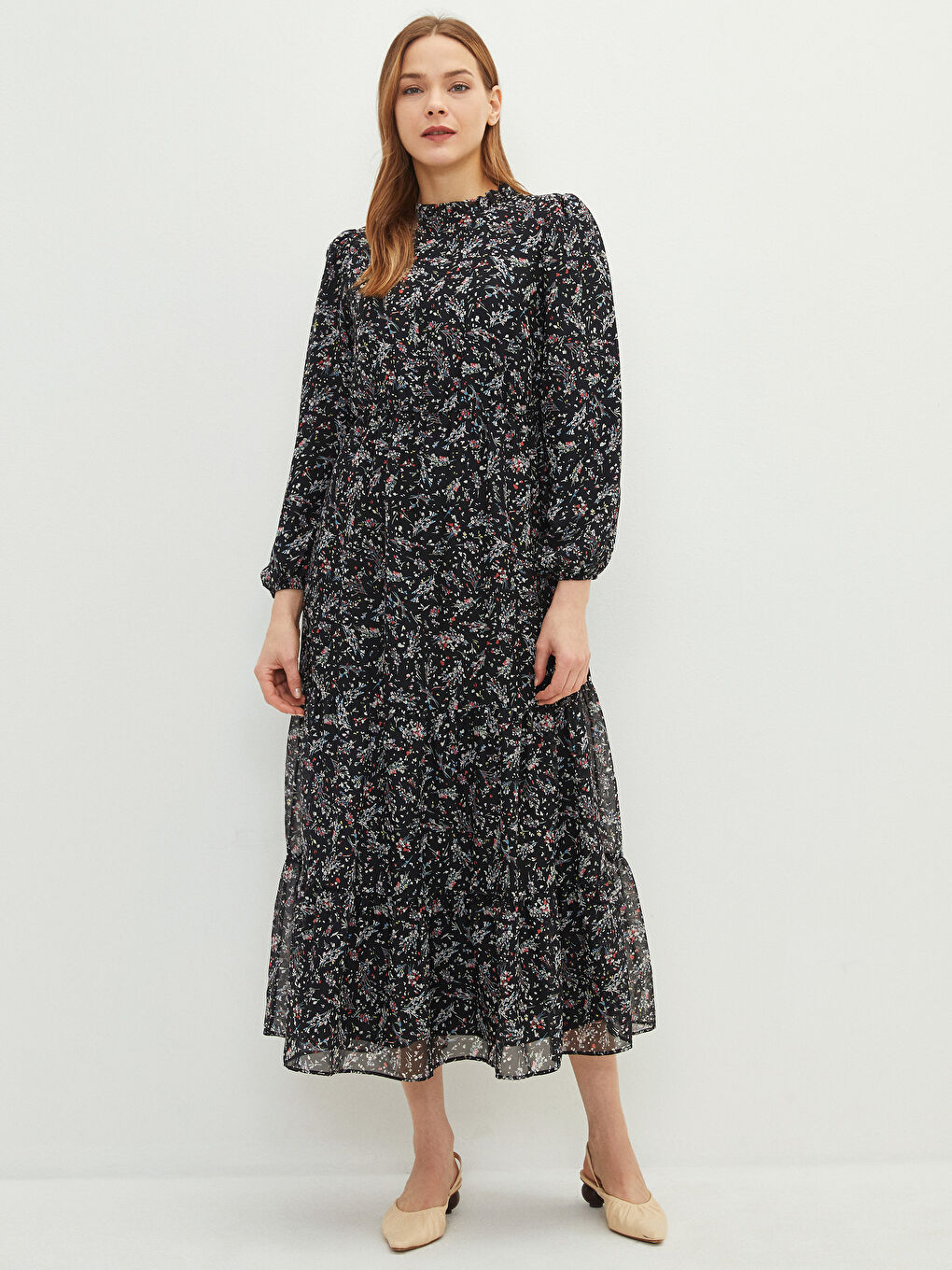 Siyah Fırfırlı Dik Yaka Desenli Uzun Kollu Kadın Elbise-2