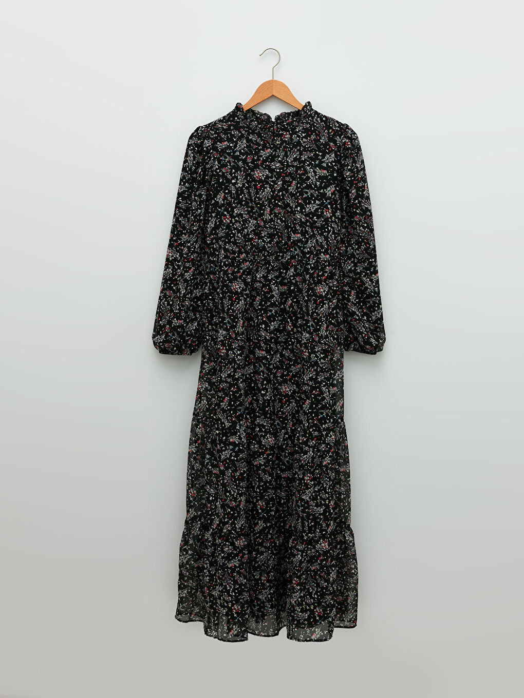 Siyah Fırfırlı Dik Yaka Desenli Uzun Kollu Kadın Elbise-5